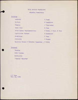 Fair Housing Federation Standing Committees, November 1961