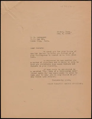 Sacco-Vanzetti Defense Committee typed letter (copy) to P. R. Matkowski, Boston, Mass., December 8, 1924