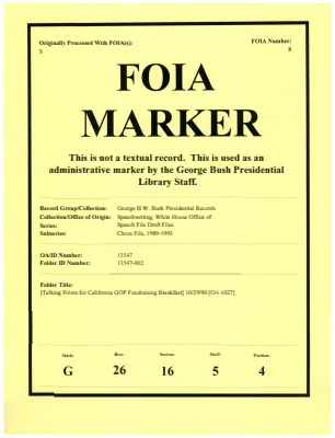[Talking Points for California GOP Fundraising Breakfast] 10/29/90 [OA 6027]