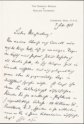 Francke, Kuno, 1855-1930 autograph letter signed to Hugo Münsterberg, Cambridge, Mass., 7 February 1915