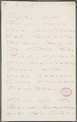 Emily Dickinson, Amherst, Mass., autograph manuscript poem: After all birds have been investigated and laid aside, 1877