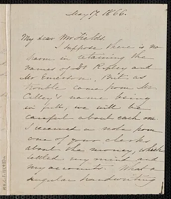 Sophia Hawthorne autograph letter signed to James Thomas Fields, [Concord], 17 May 1866