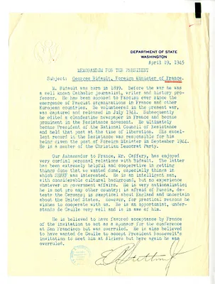 Memorandum from Secretary of State Edward Stettinius Jr. to President Harry S. Truman