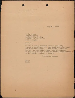 Frank R. Lopez typed note (copy) to W. N. Dewer (London Daily Herald), Boston, Mass., May 7, 1923