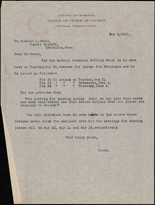 Letter from Robert B. Worthington, Clerk of Courts (Norfolk County) to Richard L. Shedd (Deputy Sheriff in Brookline, MA)