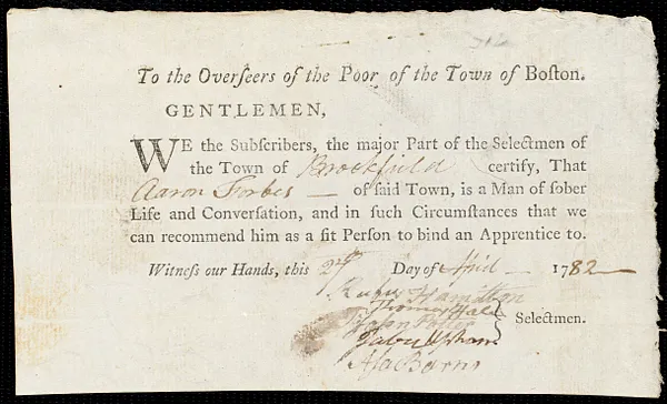 Charles Chapman indentured to apprentice with Aaron Forbes of Brookfield, 17 April 1802