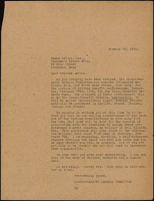 Sacco-Vanzetti Defense Committee typed letter (copy) to Hyman Levine, (Workmen's Circle #710), Boston, Mass., January 30, 1924