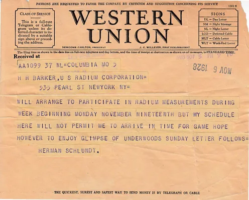 Telegram to H.H. Barker, November 6, 1928