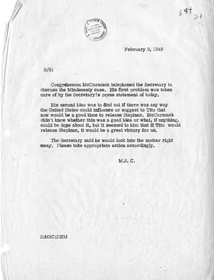 Memorandum of Telephone Conversation Between Secretary of State Dean Acheson and Congressman John W. McCormack