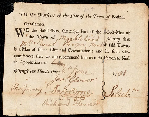 Phillipe [Phillepe] Low indentured to apprentice with Sweet Hooper of Marblehead, 11 June 1781