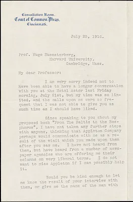 Nippert, Alfred Kuno, 1872- typed letter signed to Hugo Münsterberg, Cincinnati, Ohio, 25 July 1916