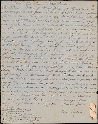 Deed of pew conveyance from pew owners Simeon Jordan and Betsey Jordan to Elisha W. Hall