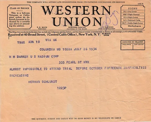 Telegram to H.H. Barker, July 26, 1934