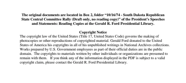 10/16/74 - South Dakota Republican State Central Committee Rally (Draft only, no reading copy)
