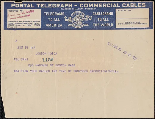 Lovell telegram to Aldino Felicani, London, Eng., August 10, 1927