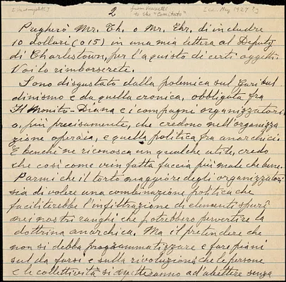 Bartolomeo Vanzetti autographed letter signed "Comitato" [Sacco-Vanzetti Defense Committee] (incomplete), [Dedham, May 1927]