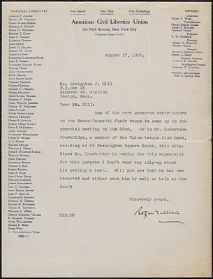 Roger N. Baldwin (American Civil Liberties Union) typed letter signed to Creighton J. Hill, New York, N. Y., August 17, 1932