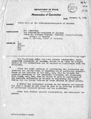 Memorandum of Conversation with Secretary of State Dean Acheson, the Ambassador of Ecuador, the Minister-Counselor of the Embassy of Ecuador, and John Simmons