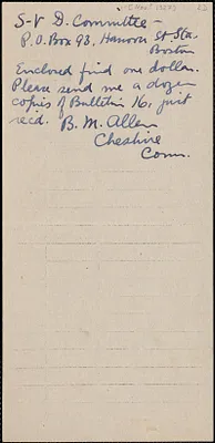 B. M. Allen autograph note signed to Sacco-Vanzetti Defense Committee, Cheshire, Conn., [November 1927?]