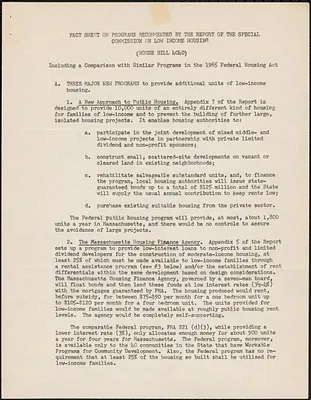 Fact Sheet on Programs Recommended by the Report of the Special Commission on Low Income Housing (House Bill 4040)