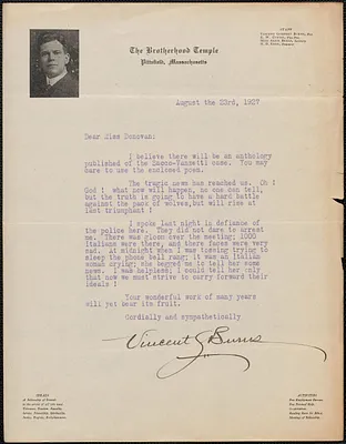 Vincent G. Burns (Brotherhood Temple) typed letter signed to Mary Donovan, Pittsfield, Mass., August 23, 1927