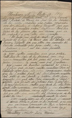Francisco Carranza autograph letter signed, in Spanish, to [Sacco-Vanzetti Defense Committee?], Monterrey, Mexico, [May 10?] 1924