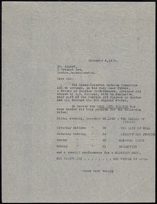 Sacco-Vanzetti Defense Committee typed letter (copy) to Mr. Alpert, Boston, Mass., December 6, 1923