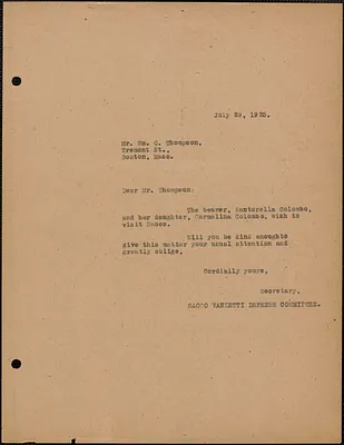 Sacco-Vanzetti Defense Committee typed letter (copy) to William G. Thompson, Boston, Mass., July 29, 1925