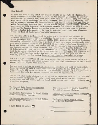 Solicitation letter for COFO Mississippi Summer Project