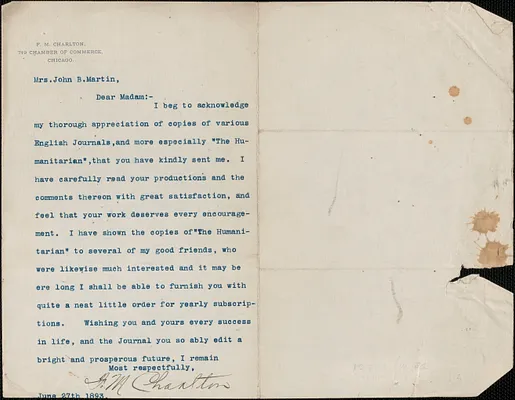F. M. Charlton typed letter signed to [Victoria Woodhull Martin], Chicago, June 27, 1893