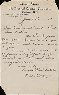 Hudson Tuttle autograph letter signed to [Victoria Woodhull] Martin and [Zula Maud] Woodhull, Washington, D.C., January 9, 1903