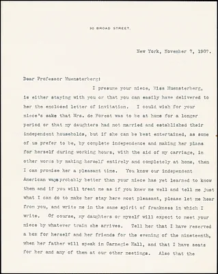 De Forest, Robert Weeks, 1848-1931 typed letter signed to Hugo Münsterberg, New York, 7 November 1907