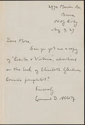 Leonard D. Abbott autograph letter signed to Sacco-Vanzetti Defense Committee, Bronx, N.Y., August 9, 1927