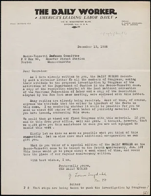 J. Louis Engdahl (The Daily Worker) typed letter signed to Sacco-Vanzetti Defense Committee, Chicago, Ill., December 13, 1926