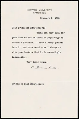 Lowell, A. Lawrence (Abbott Lawrence), 1856-1943 typed note signed to Hugo Münsterberg, Cambridge, Mass., 1 February 1913