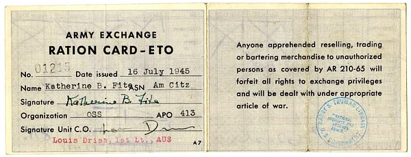 Army Exchange Ration Card for Katherine B. Fite