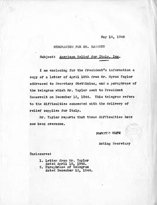 Memorandum from Acting Secretary of State Joseph Grew to William Hassett