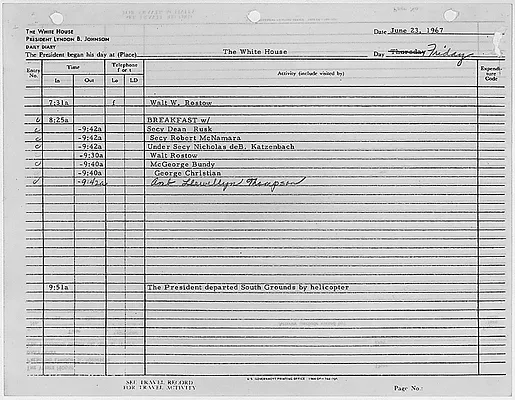 President's Daily Diary Entry, June 23, 1967