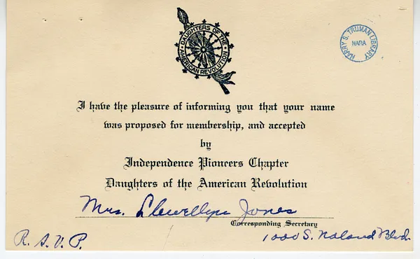 Membership Invitation to the Independence Pioneers Chapter, Daughters of the American Revolution, for Bess W. Truman