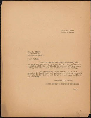 Sacco-Vanzetti Defense Committee typed note (copy) to William E. Dixon Boston, Mass., June 4, 1927