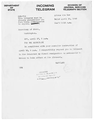 Telegram from Lincoln MacVeagh to Secrertary of State Edward Stettinius