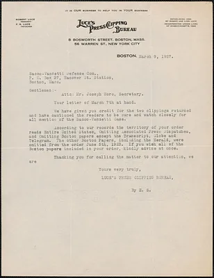 Luce's Press Clipping Bureau typed letter signed to Sacco-Vanzetti Defense Committee, Boston, Mass., March 9, 1927
