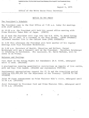President's Schedule and Releases and Postings for August 6, 1975