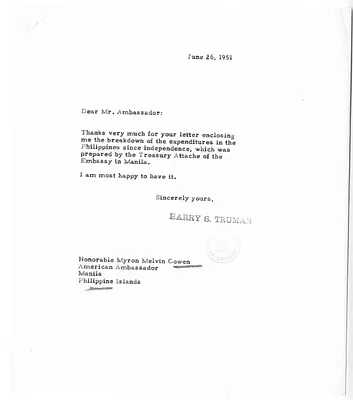 Correspondence Between President Harry S. Truman and Myron Cowen