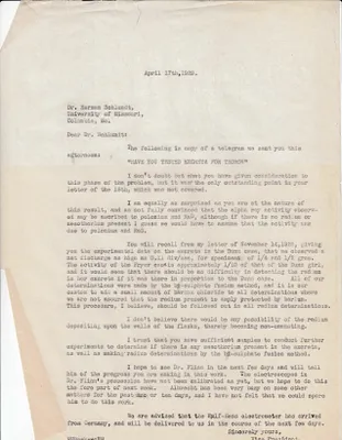 Letters Sent to Dr. Herman Schlundt, April 17, 1929