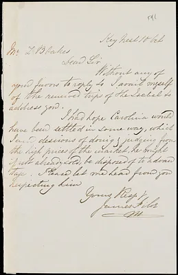 James Filor, Key West, Fla., autograph note signed to Ziba B. Oakes, 10 October [1856]