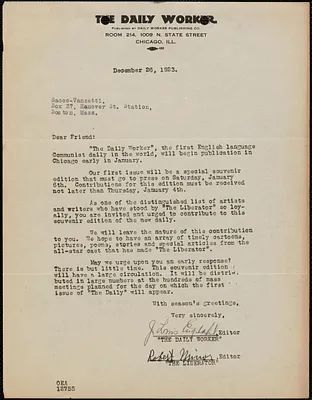J. Louis Engdahl (The Daily Worker) typed letter signed to Sacco-Vanzetti Defense Committee, Chicago. Ill., December 26, 1926