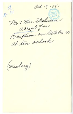 Invitation Reply from Mr. and Mrs. John R. Steelman to the White House Social Office