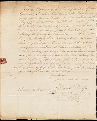 Esther Burgean indentured to apprentice with David Durfee [Durfy] of Dartmouth, 7 May 1771