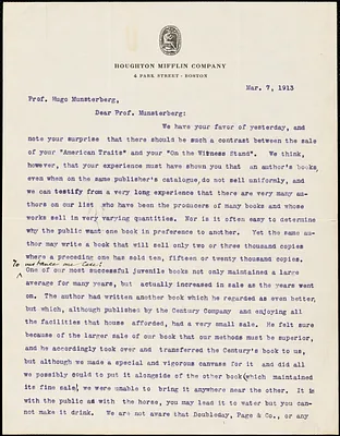 Greenslet, Ferris, 1875-1959 typed letter signed to Hugo Münsterberg, Boston, 7 March 1913